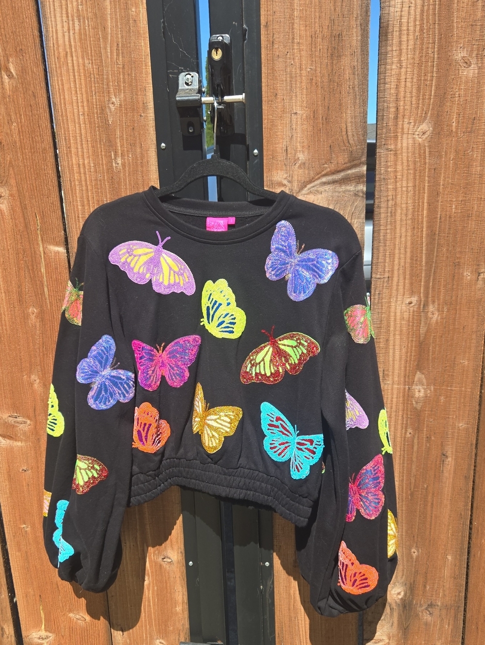 QUEEN OF SPARKLES Cropped Black Fleece  Top with Neon & Sequin Butterflies Sm